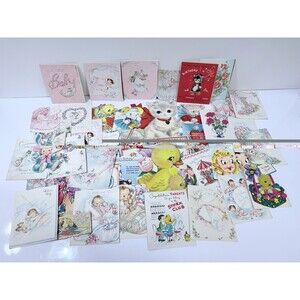 Lot of 47 Vintage 1950s Birth Greeting Cards Used Ephemera Feather Flocked Craft